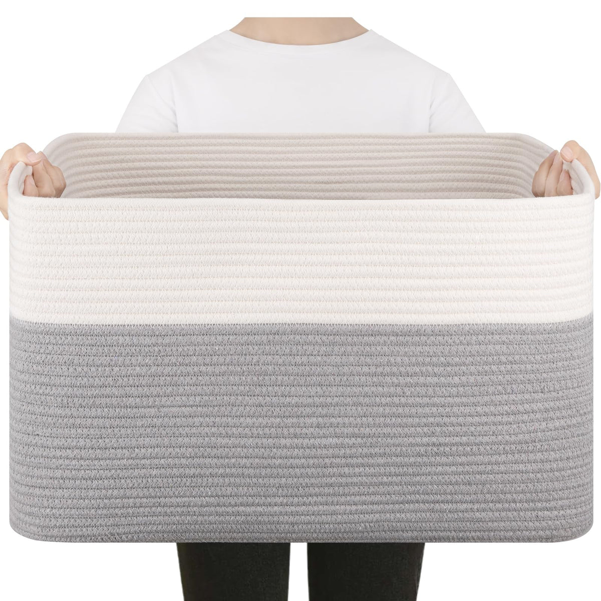 75L Large Cotton Rope Basket, Soft Toy Storage Bin for Nursery & Living Room, Decorative Blanket Basket for Bedroom, Baby-Safe Organizer for Pillows &Laundry, 22''×17''×12'', Brown and White