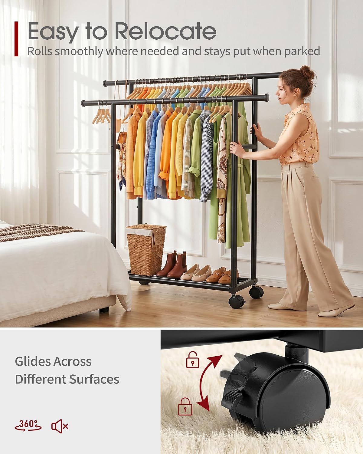 Sakugi Double Rods Clothes Rack - Metal Clothing Rack with Fixed Double Rods, Rolling Wheels & Built-In Shelf for Closet, Bedroom, Laundry Storage (39" x 17" x 60", Black)