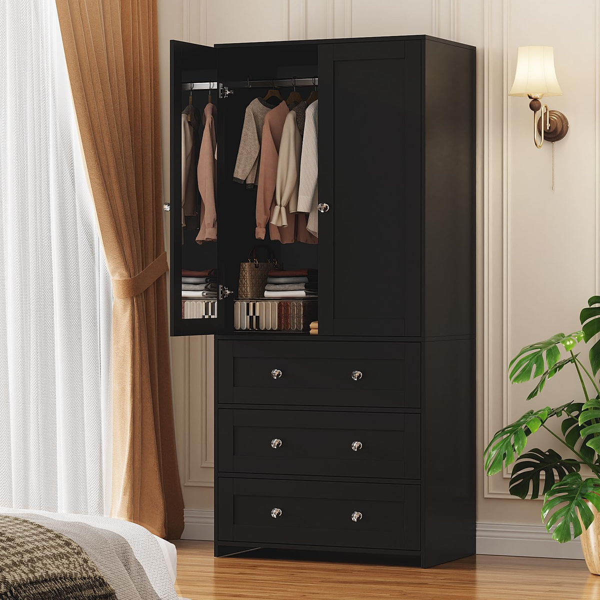 VOWNER 71" Tall Armoire Wardrobe Closet with Drawers and Mirror