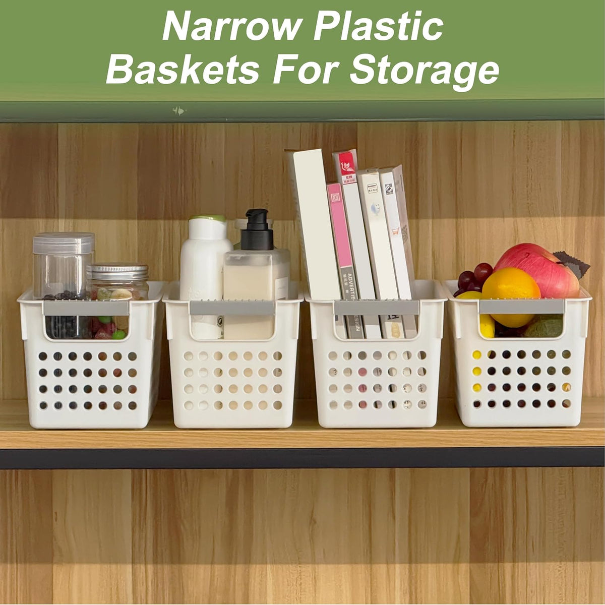 Soddeph 4 Pack Slim Plastic Storage Basket with Handles, Rectangular Storage Bins for Shelves,Narrow Organizer box for Organizing, Kitchen,Home,Office (White, Small)