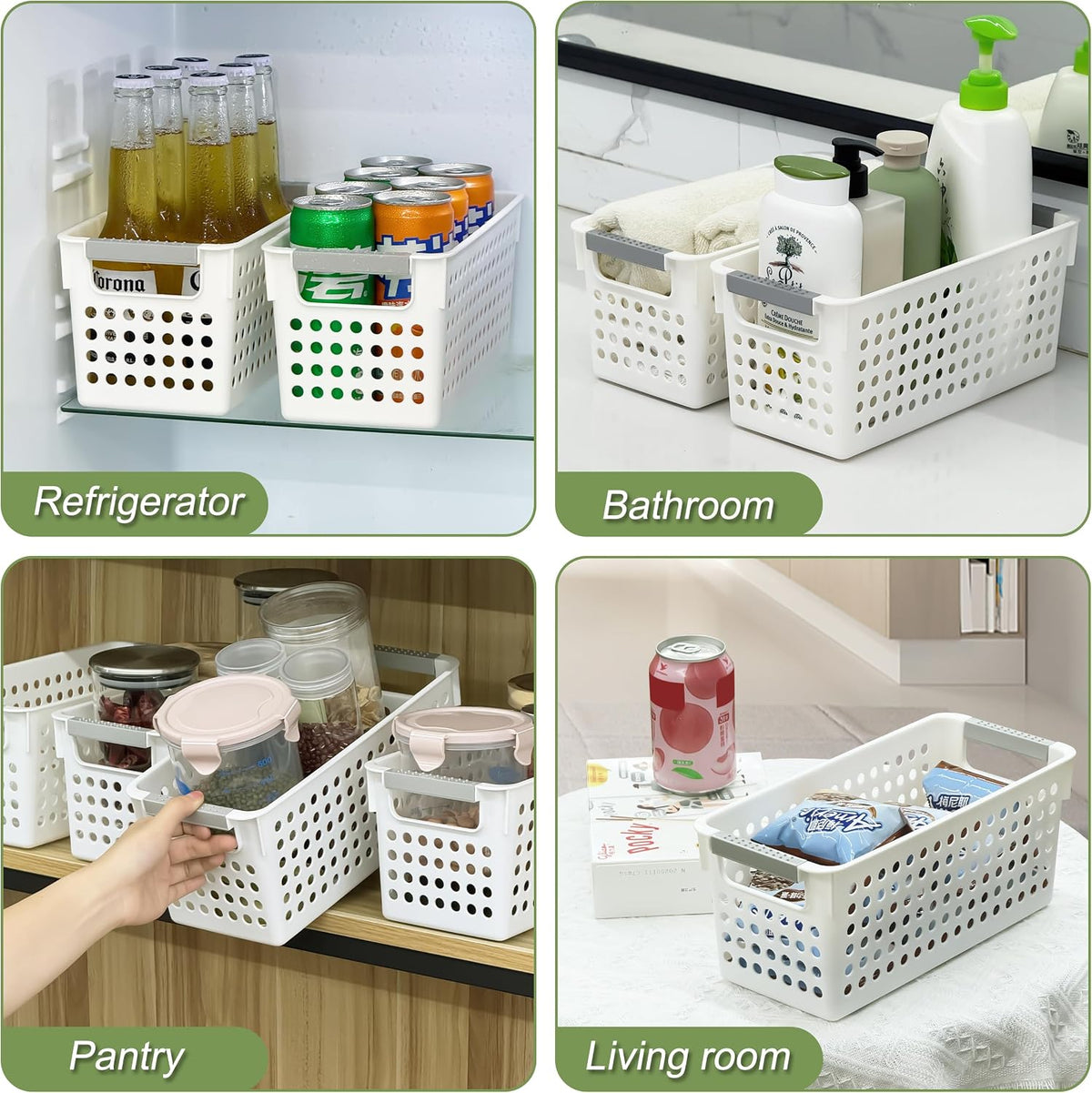 Soddeph 4 Pack Slim Plastic Storage Basket with Handles, Rectangular Storage Bins for Shelves,Narrow Organizer box for Organizing, Kitchen,Home,Office (White, Small)
