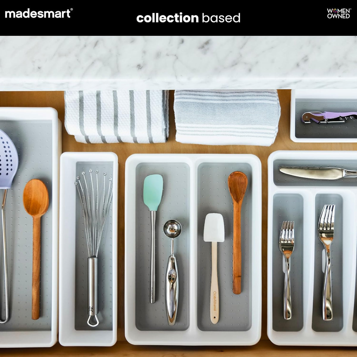 madesmart Classic 2 Compartment Compact Utensil Tray, White