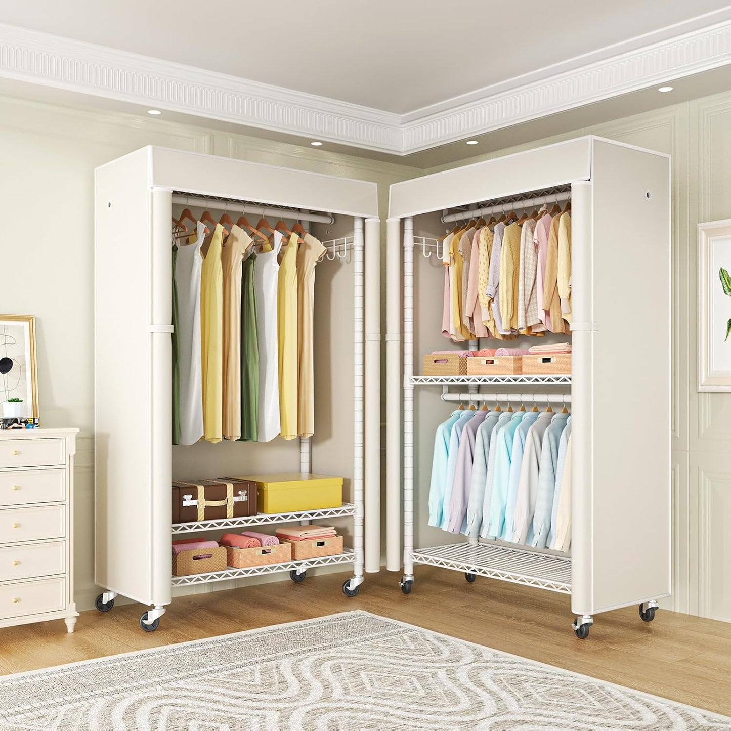 FUTASSI White Clothing Rack with Beige Cover, P1C Rolling Closets