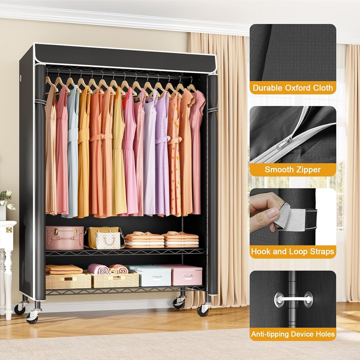 ULIFHOME P6C Plus Rolling Clothes Rack with Cover, Covered Clothing Rack