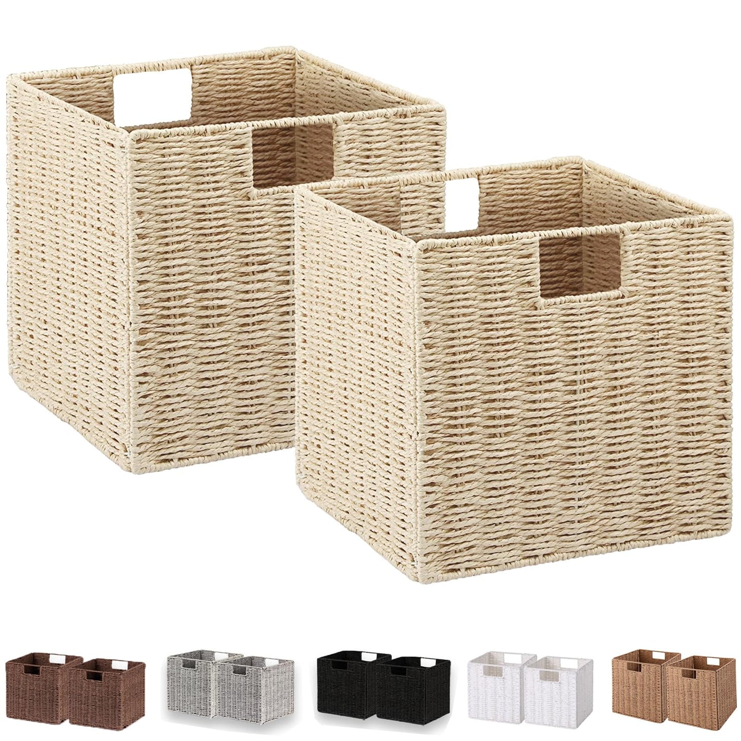 Vagusicc Wicker Storage Basket, Set of 2 Hand-Woven Storage Baskets for Shelves, Foldable Cube Storage Baskets Bins with Handles, 9 inch Small Wicker Baskets for Organizing Pantry Bedroom, Brown