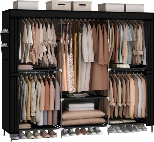 MOGELAFOO 83" Portable Wardrobe Closet for Bedroom, Freestanding Clothes Rack Organizer with Dust Cover, 5 Hanging Rods & 6 Storage Shelves, Black