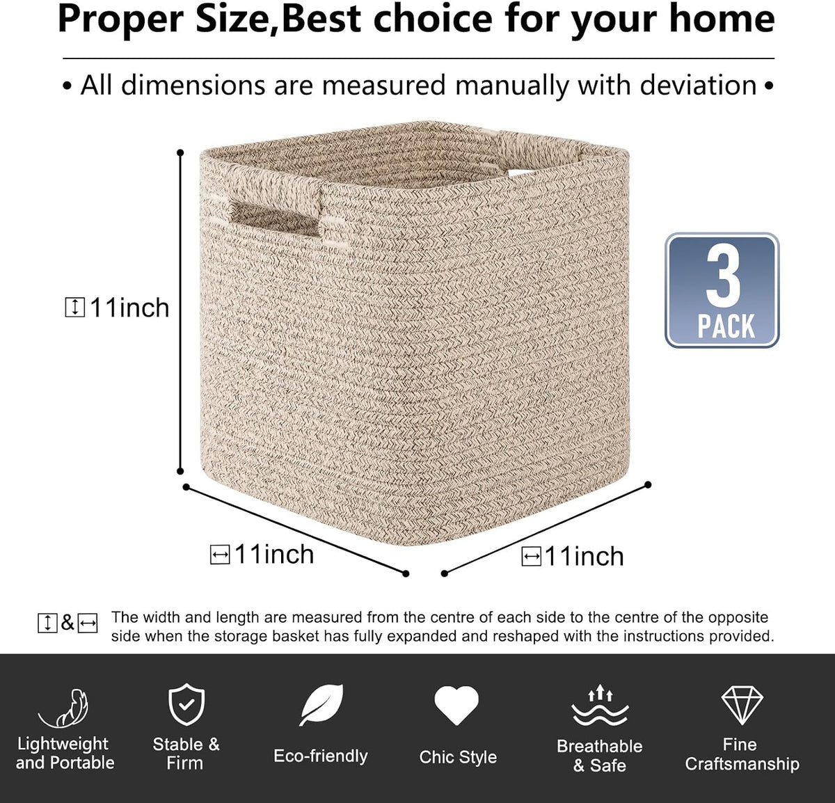 OIAHOMY Storage Cubes 11 Inch Storage Bins 3-Pack Square Baskets Brown