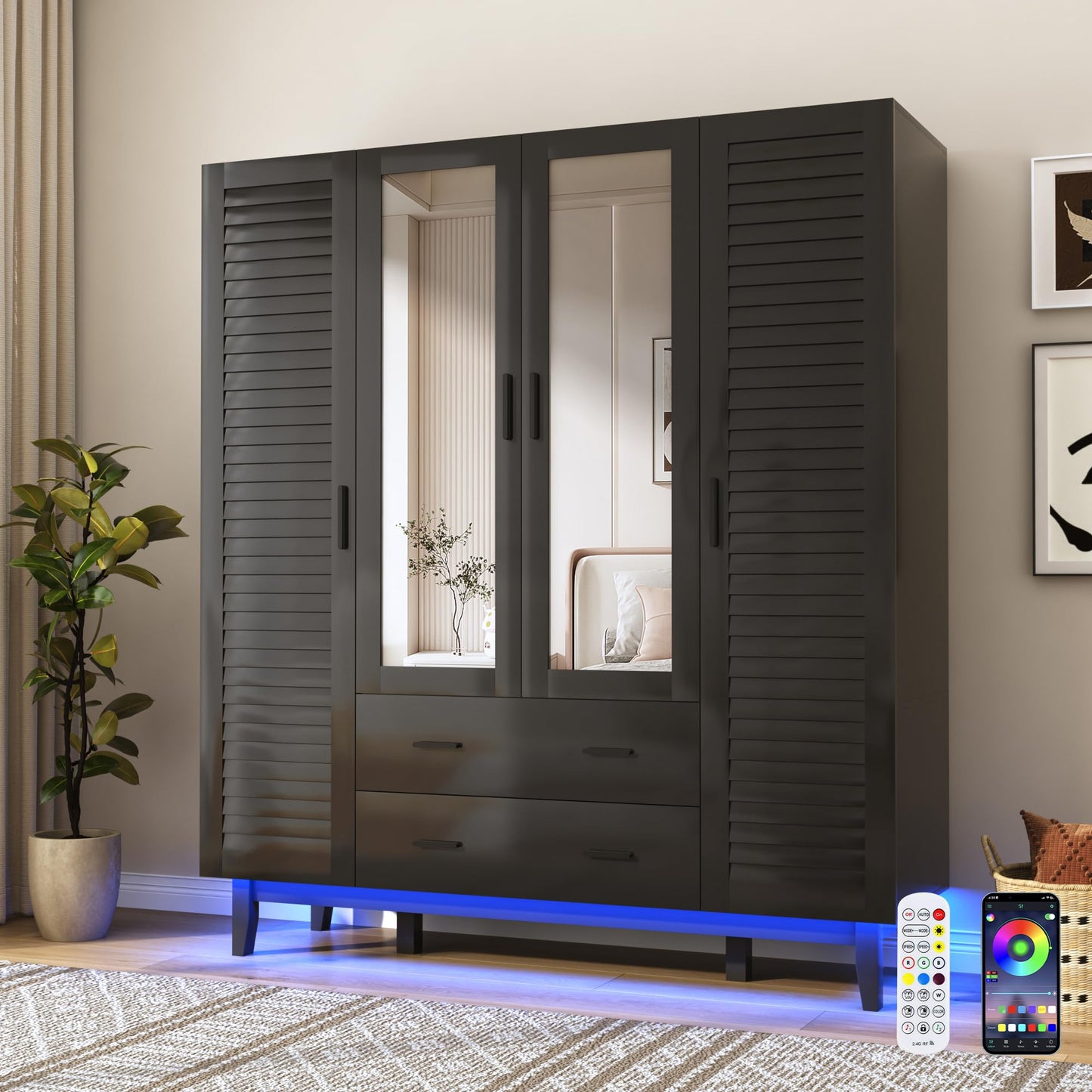 jiteentarou 4 Door Armoire Wardrobe Closet Cabinet with Drawers and LED Lights, Multi-Tier Shelves, Hanging Rod & 4 Louver Doors, Large Capacity Storage Wardrobe Armoire for Bedroom(4 Doors White)