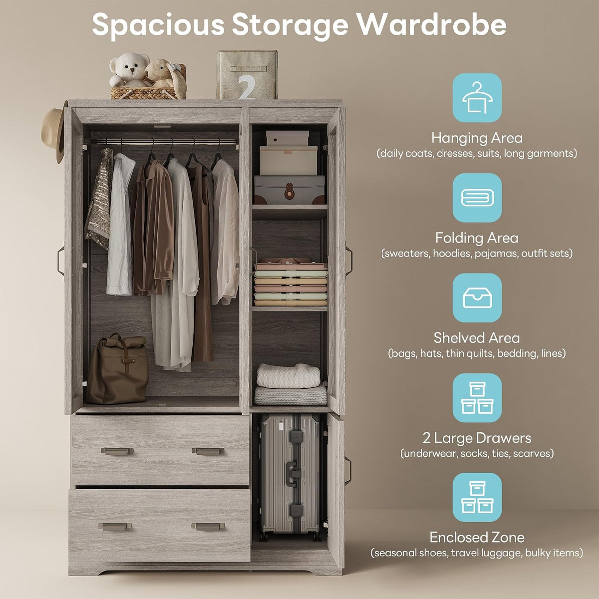 Bedroom Armoire with Drawers, 70" Freestanding Wardrobe Closet, Grey Oak