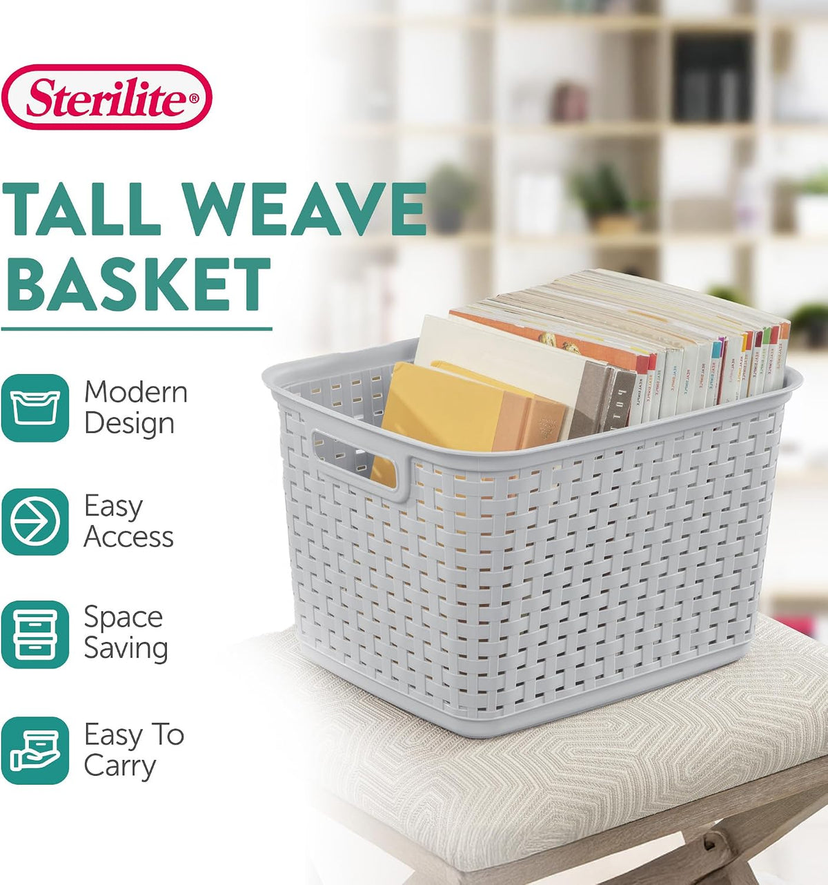 Sterilite Tall Weave Basket, Rectangular Plastic Décor Bin, Gray, 6 Pack