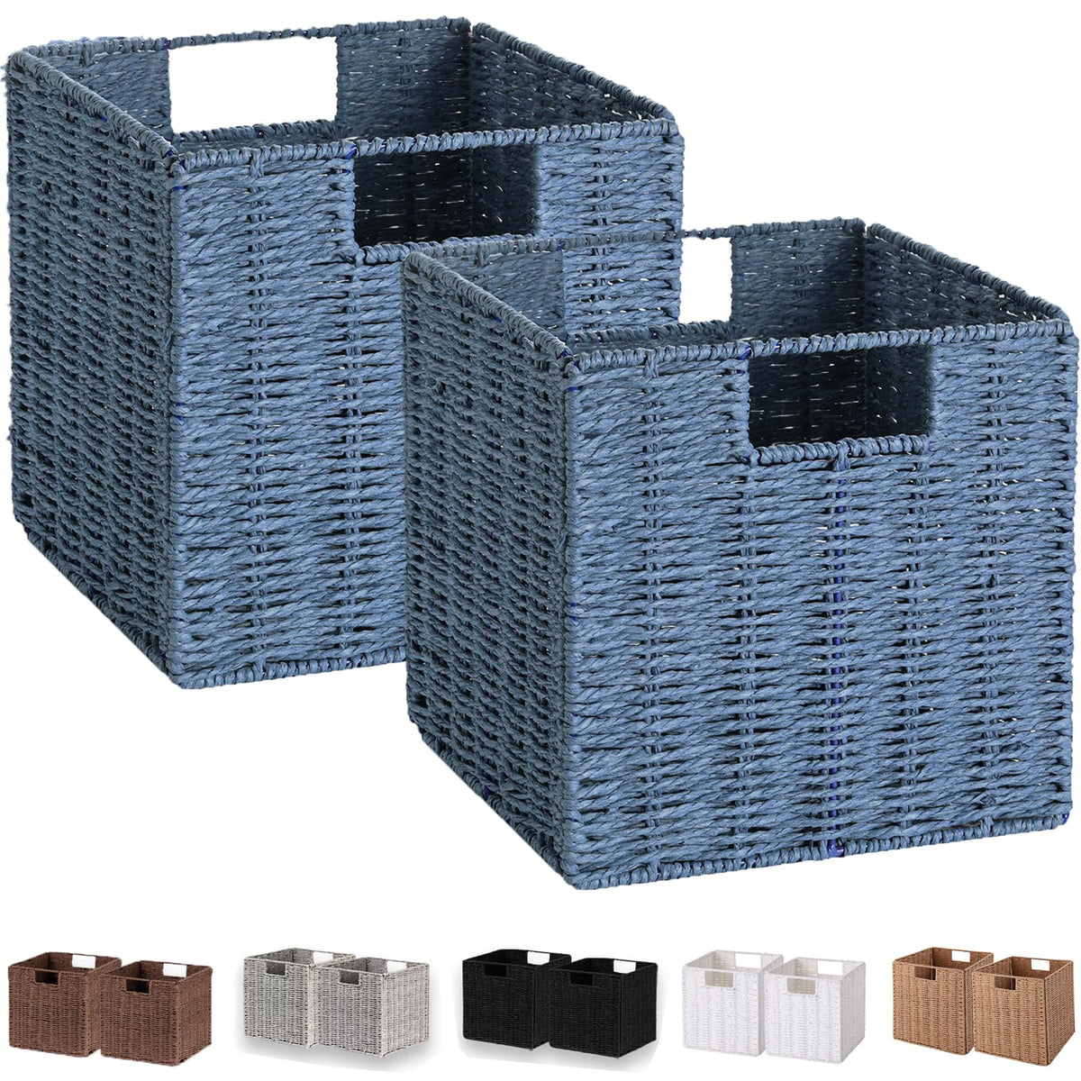 Vagusicc Wicker Storage Basket, Set of 2 Hand-Woven Storage Baskets for Shelves, Foldable Cube Storage Baskets Bins with Handles, 9 inch Small Wicker Baskets for Organizing Pantry Bedroom, Brown