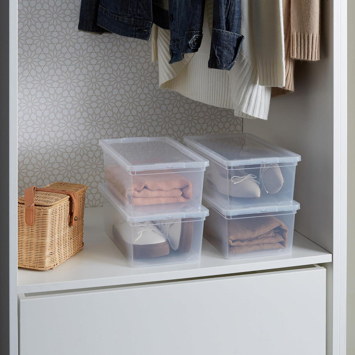 Simplify Storage Bins with Lids | Dimensions: 13.23"x 7.5"x 4.5" |6 Pack| Stackable | Nestable Bins | Great for Clothing | Books | Household Items | Shoes | Home Organization | Clear.