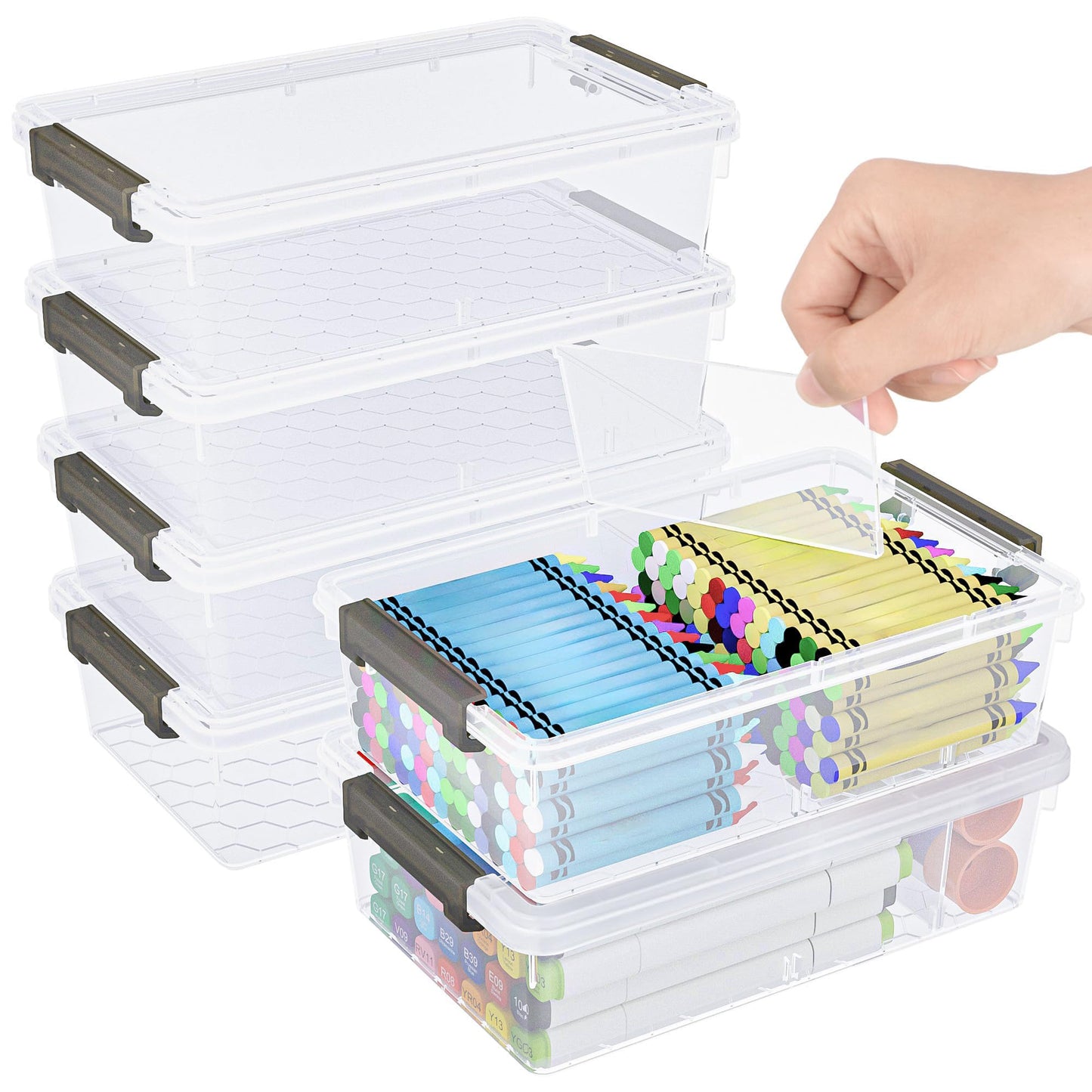 6 Pack Extra Large Pencil Box with Removable Divider, Thickened Pencil Case Bulk, Clear Crayon Marker Organizer Stackable Plastic Small Storage Containers for Pen Craft School Supplies(Grey)