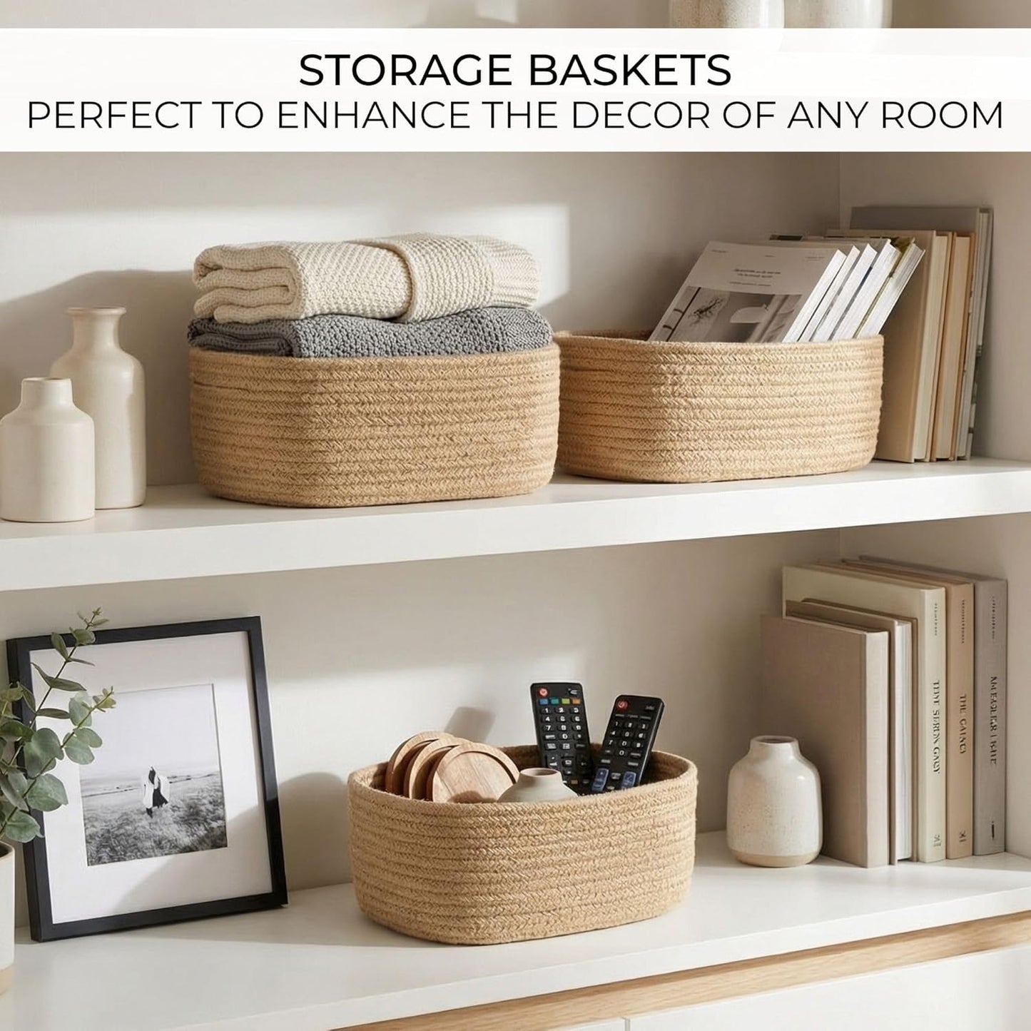 Beautiful Storage Basket Set of 3 - Sturdy Jute Rope Baskets for Shelves