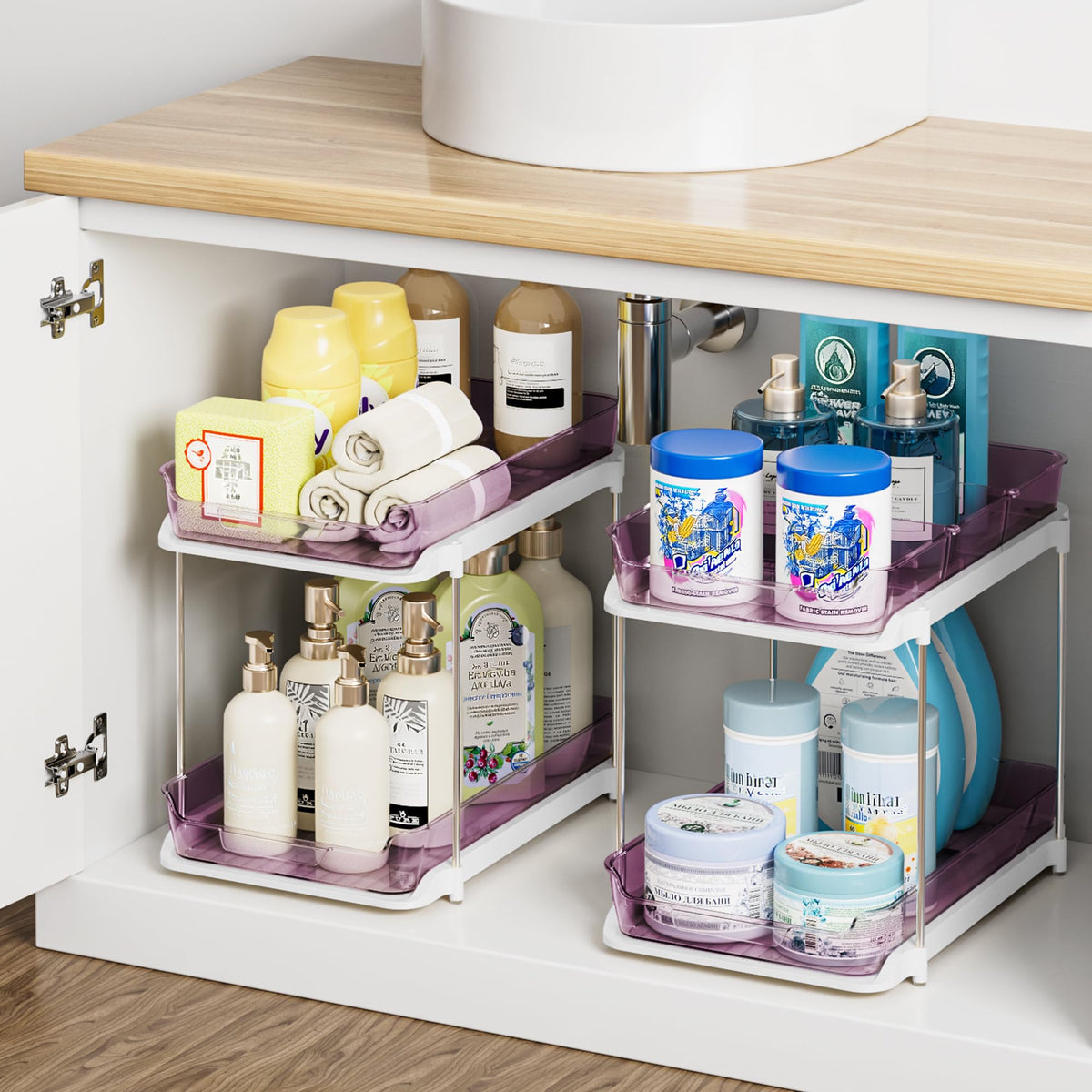 Delamu 2-Tier Multi-Purpose Bathroom Under Sink Organizers and Storage, Stackable Kitchen Pantry Organization, Pull Out Medicine Cabinet Organizer with Movable Dividers, White, 2 Pack