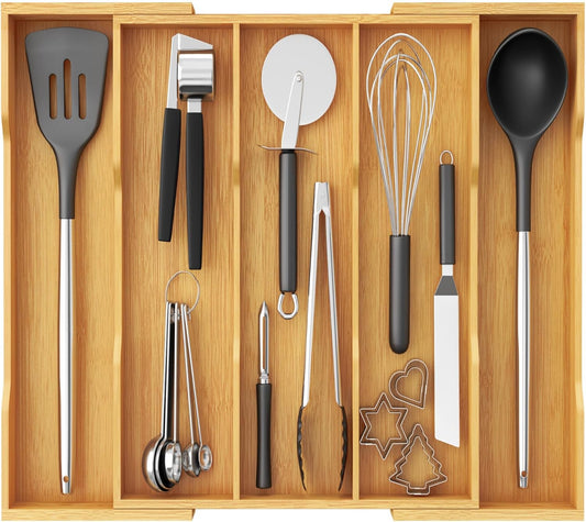 Lifewit Bamboo Utensil Organizer for Kitchen Drawer, Cooking Utensil Tray