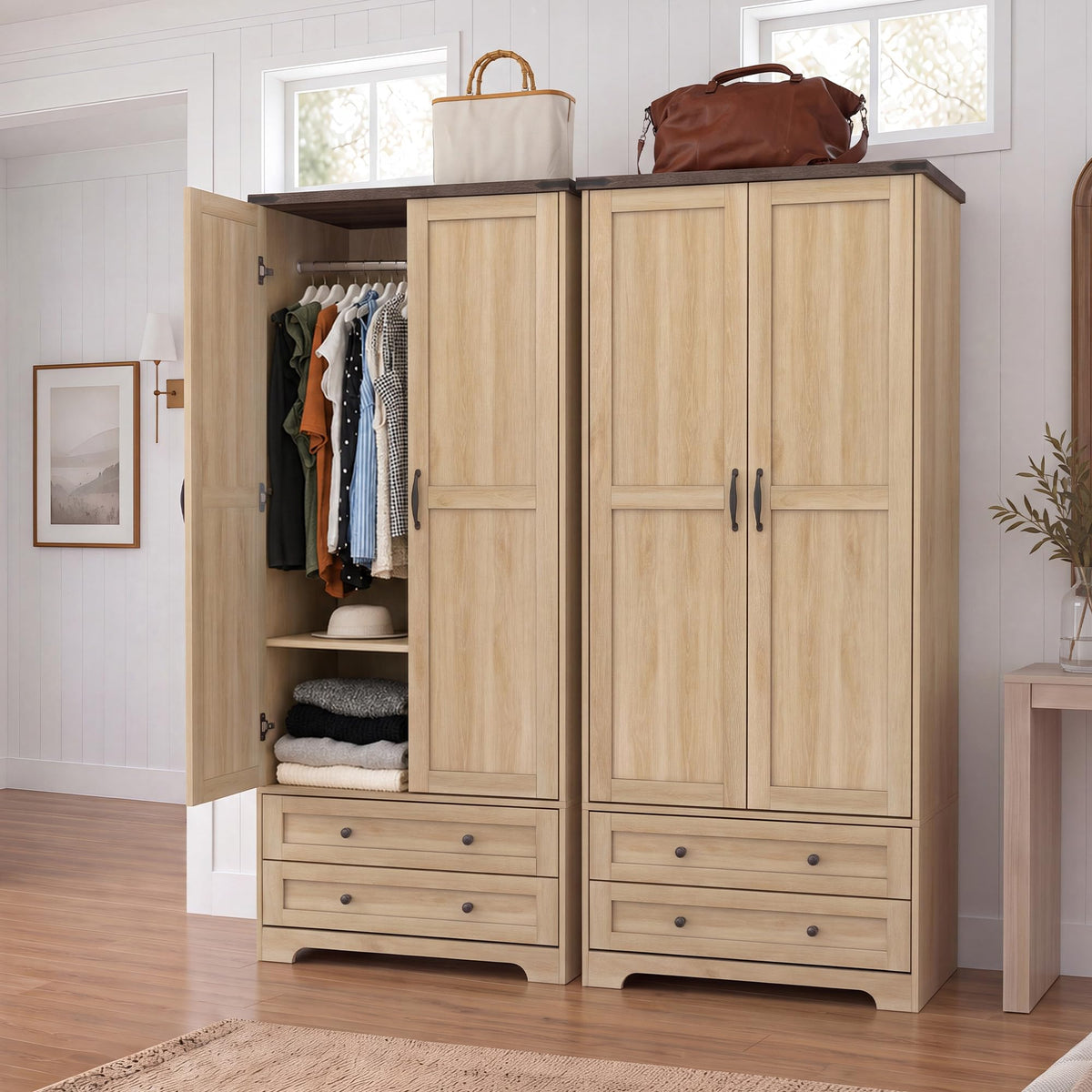 Yechen 71" Wooden Armoire Wardrobe Closet with 2 Doors & 2 Drawers, Natural