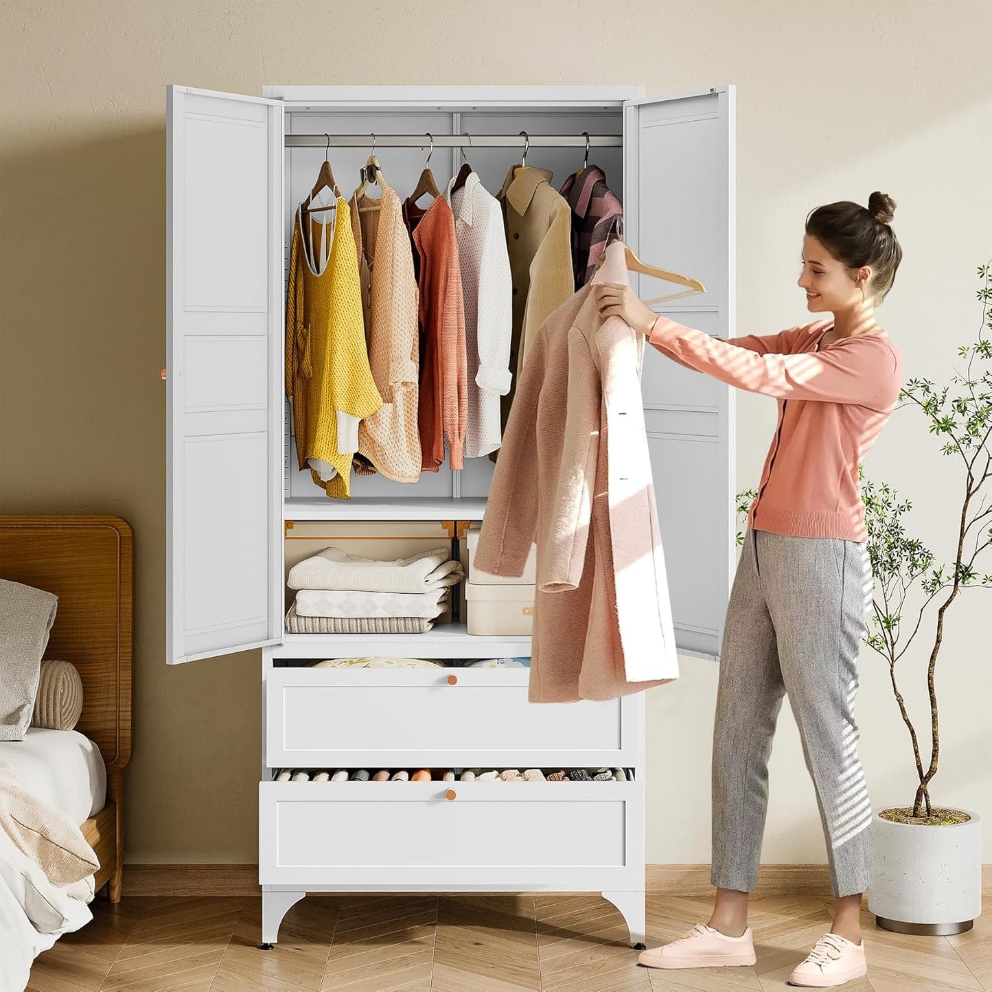 BYNSOE 71" Tall Metal Wardrobe Closet with 2 Drawers, Steel Armoire Cabinet with Hanging Rod and Adjustable Shelves, Freestanding Clothes Storage Organizer for Bedroom Office Furniture