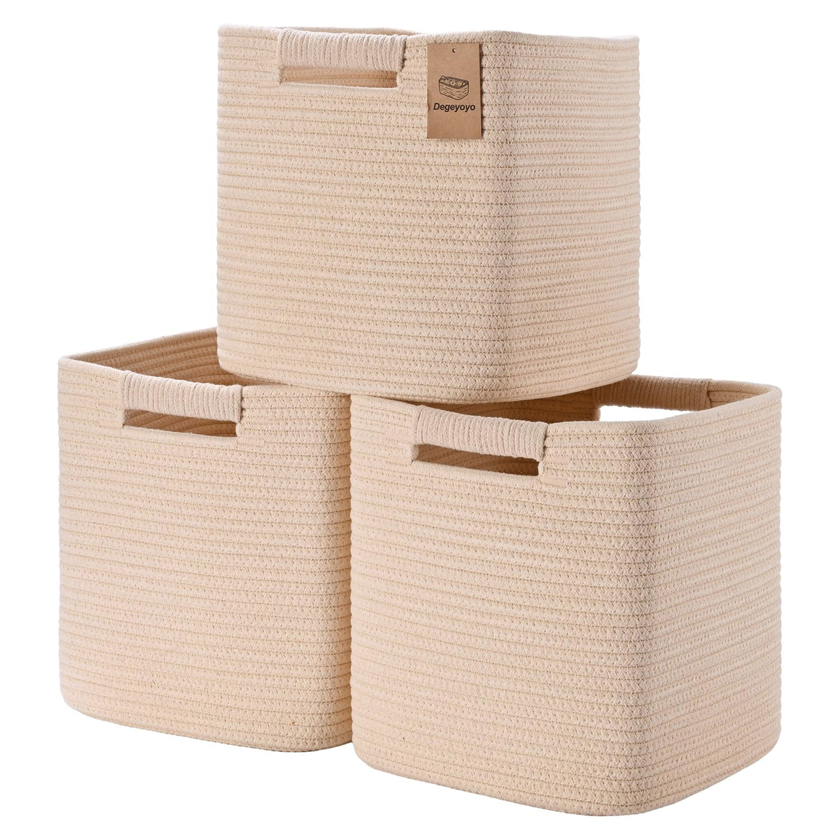 11 Inch Storage Cubes, 3 Pack Cube Storage Bins for Organizing, Cotton Rope Woven Baskets for Shelves, Bathroom, Kids Room, Closets, Baby Nursery