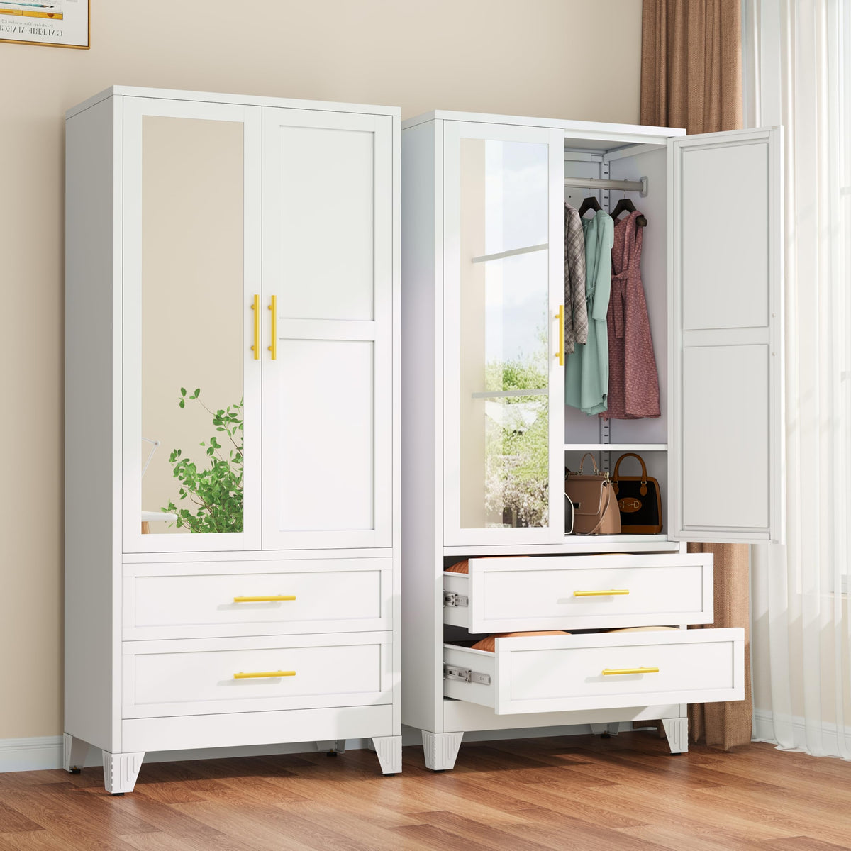 Metal Armoire Wardrobe Closet, 71" Clothing Storage Cabinet with Mirror