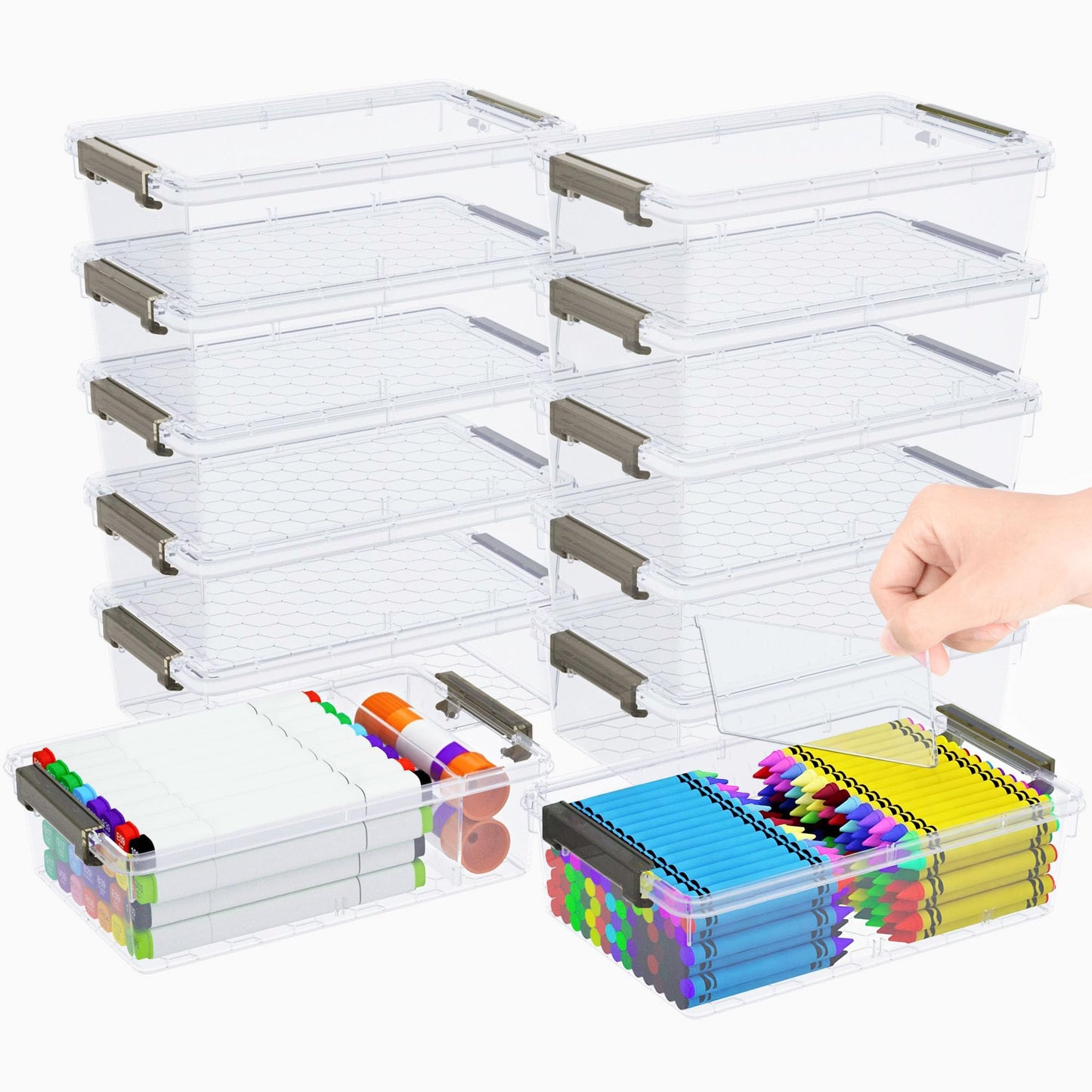 6 Pack Extra Large Pencil Box with Removable Divider, Thickened Pencil Case Bulk, Clear Crayon Marker Organizer Stackable Plastic Small Storage Containers for Pen Craft School Supplies(Grey)