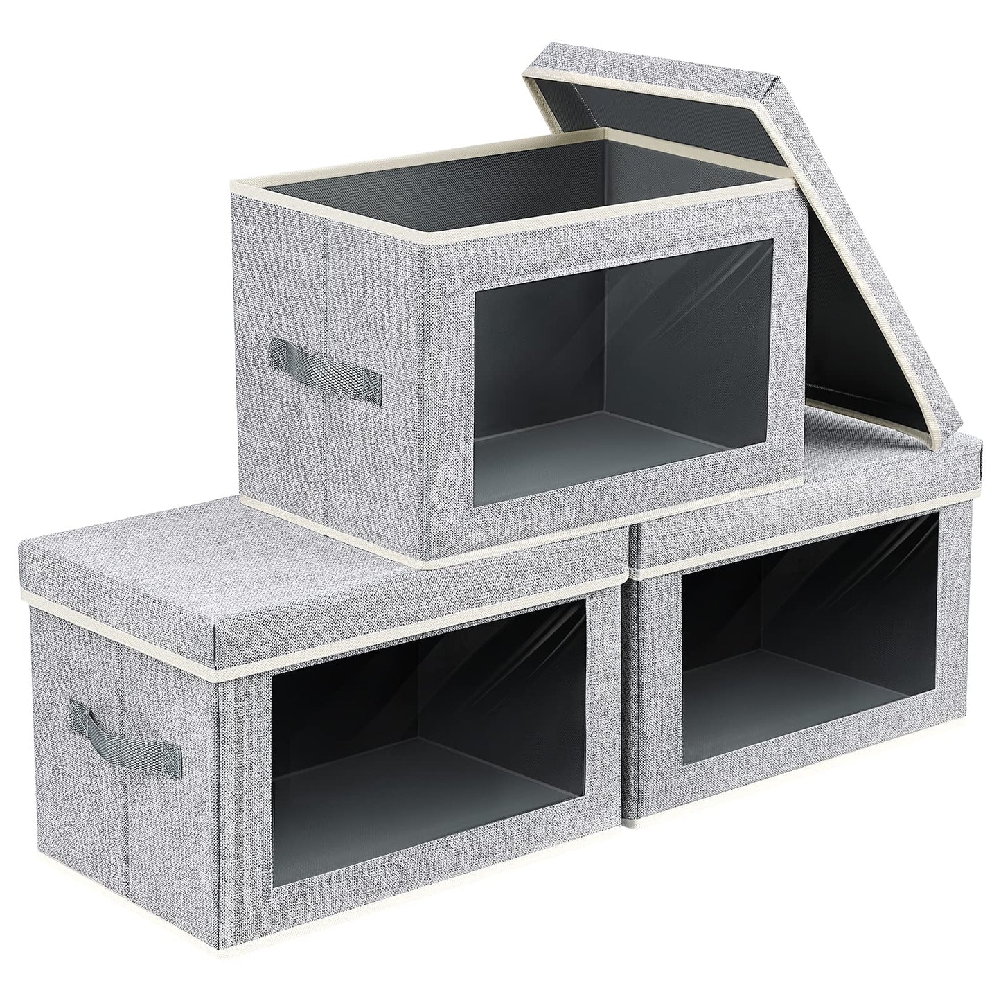 Homsorout Storage Bins with Lids - Fabric Storage Boxe with Window, Collapsible Closet Organizers with Handles, 3 Pack Decorative Bin, Home Cubes Baskets for Clothes, Hat, Books, Dark Grey