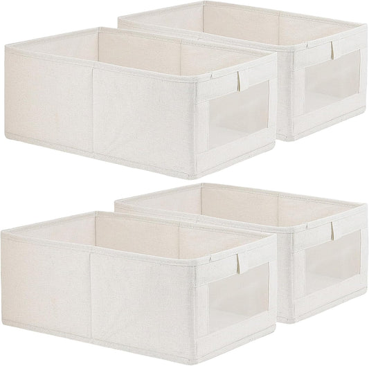 Fordonral 4 Pack Linen Storage Bins, Storage Containers for Organizing Clothing, Jeans, Toys, Books, Shelves, Closet, Wardrobe - Closet Organizers and Storage, Large Storage Boxes Baskets with Window