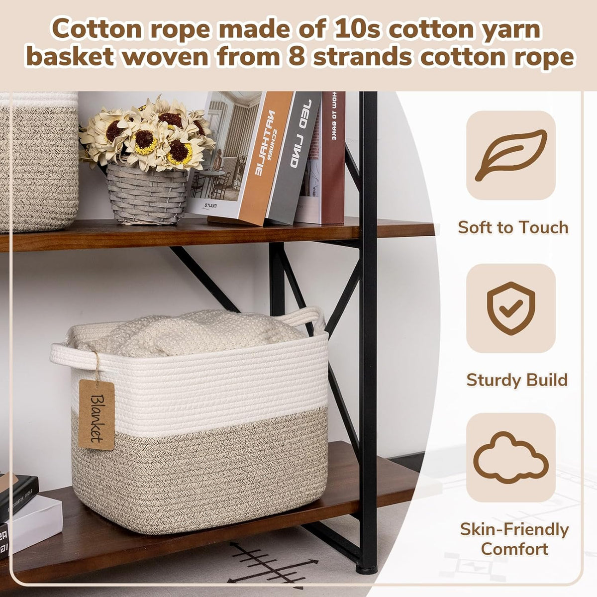 Goodpick Woven Rope Storage Basket for Shelves, Rectangle, Light Brown