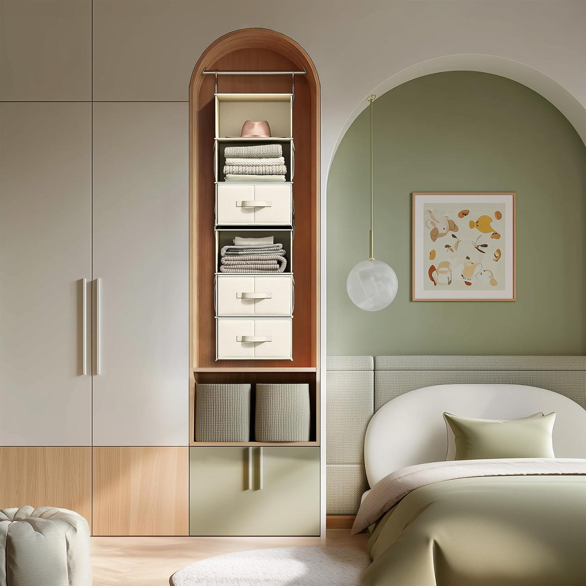 6-Shelf Hanging Closet Organizer with 3 Drawers, 2-in-1 Design, Beige