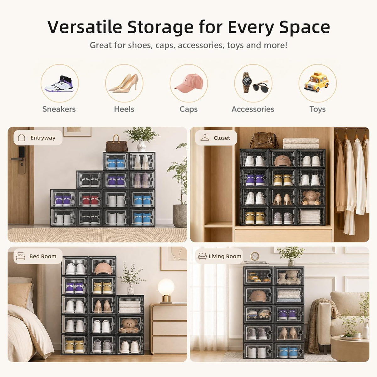 Kuject X-Large Shoe Storage Boxes 12 Pack, Clear Stackable Shoe Organizer