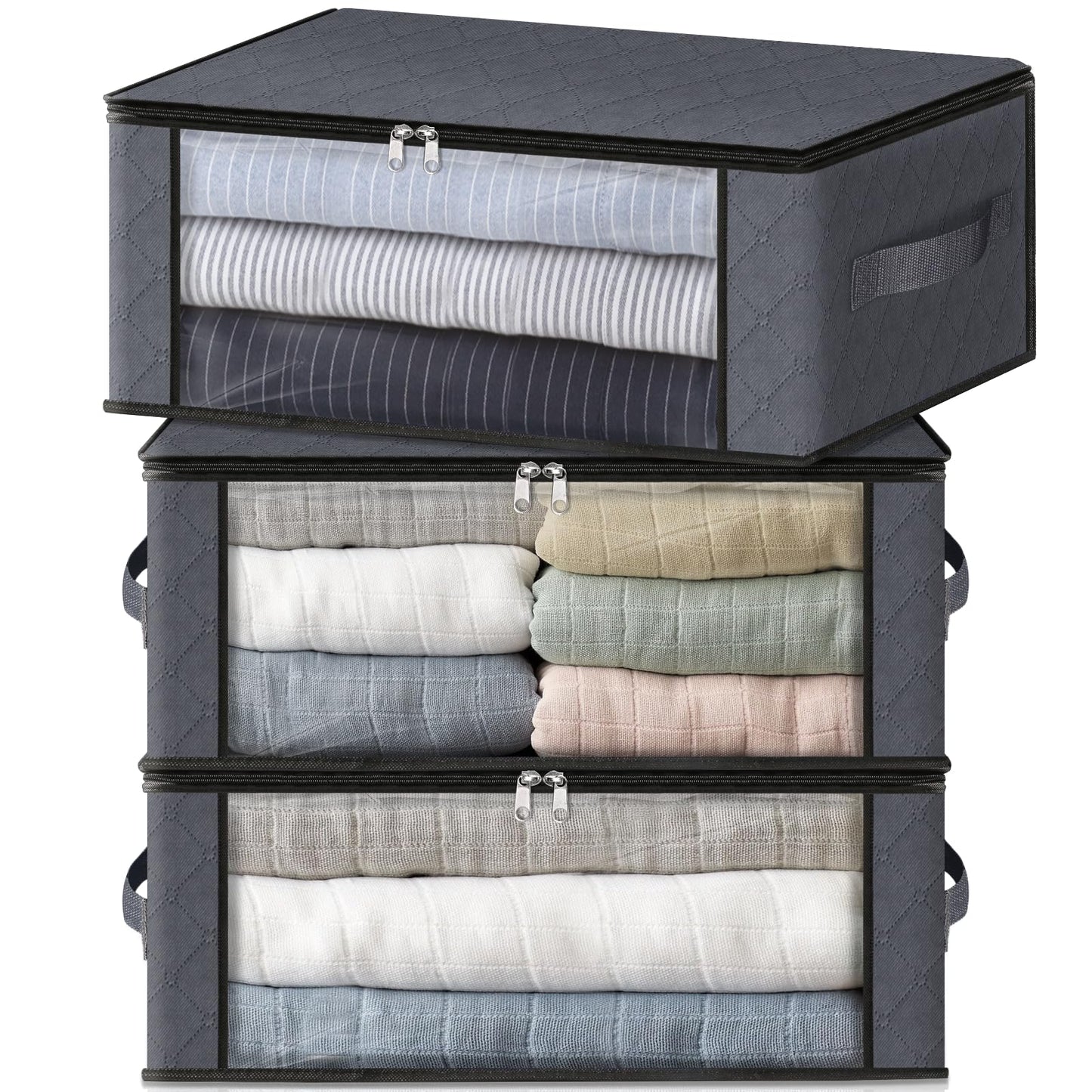 HomeHacks 3-Pack Clothes Organizer Storage Bags, 35L Storage Bins, Gray