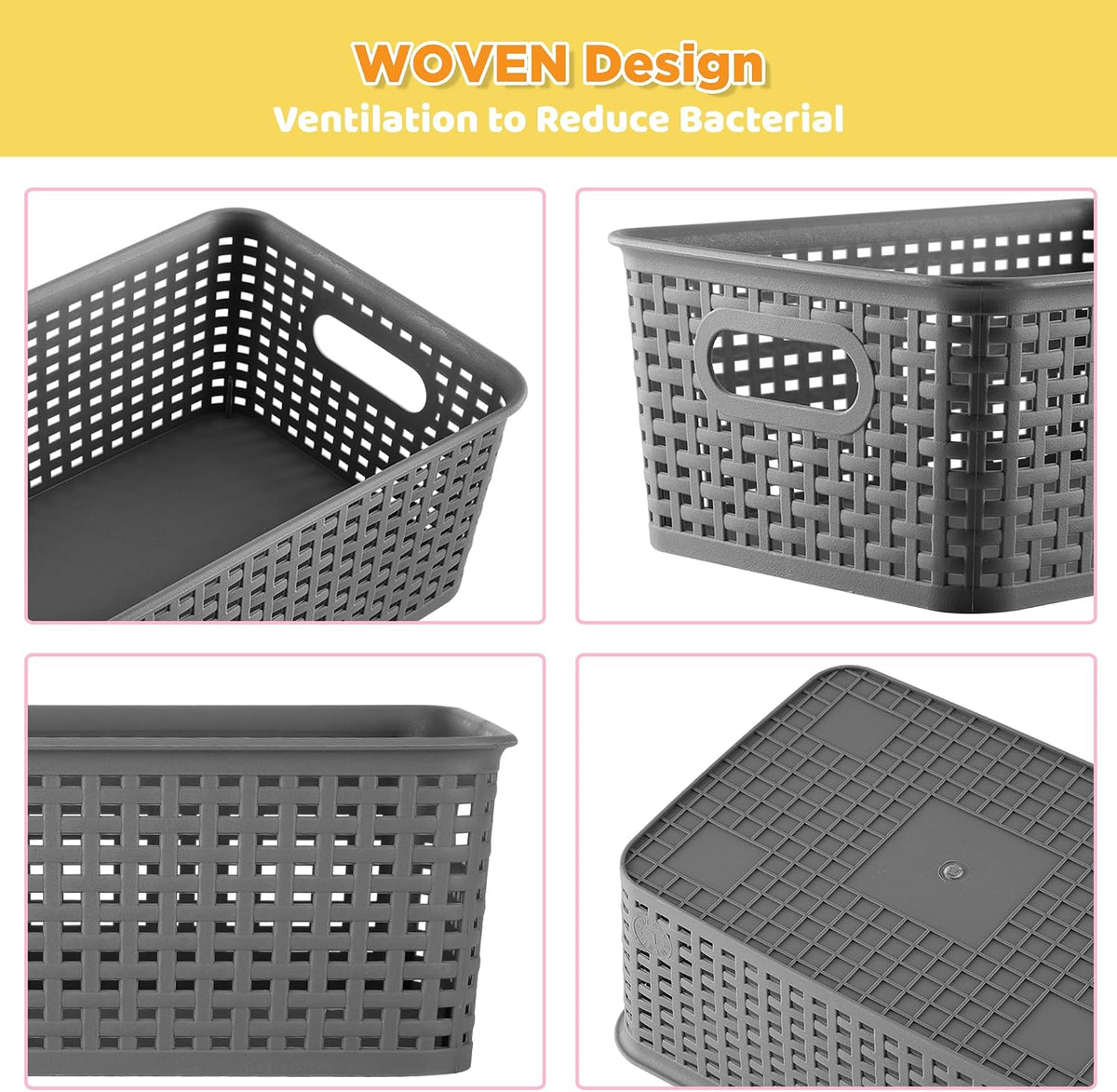AREYZIN Plastic Storage Baskets -6 Pack, Storage Bins with Lid Organizing Container Lidded Knit Storage Organizer Bins for Shelves Drawers Desktop Closet Playroom Classroom Office,Gray