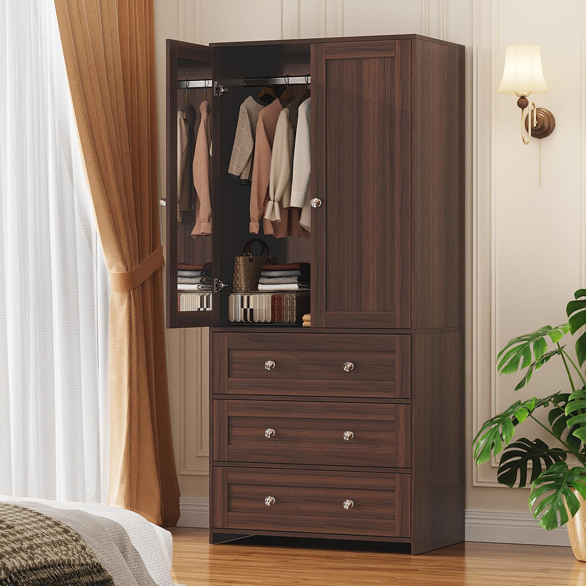 VOWNER 71" Tall Armoire Wardrobe Closet with Drawers and Mirror