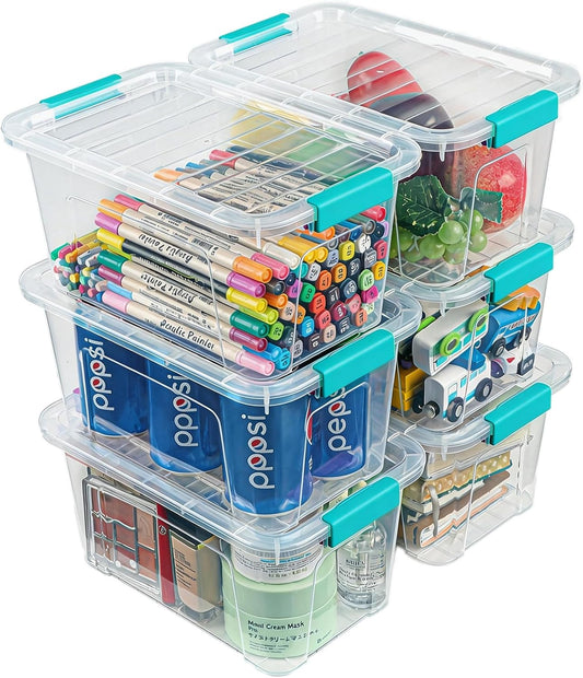 Storage Bins with Lids 6 Pack Clear Storage Containers, 7 Quart Stackable Plastic Containers with Secure Black Buckle Latch, Durable Storage Box Organizer for Pantry, Closet, Office & Classroom