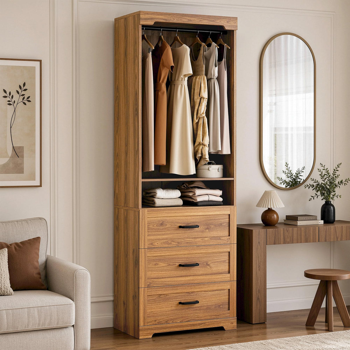 IRONCK Freestanding Closet System with Adjustable Shelves & 3 Drawers
