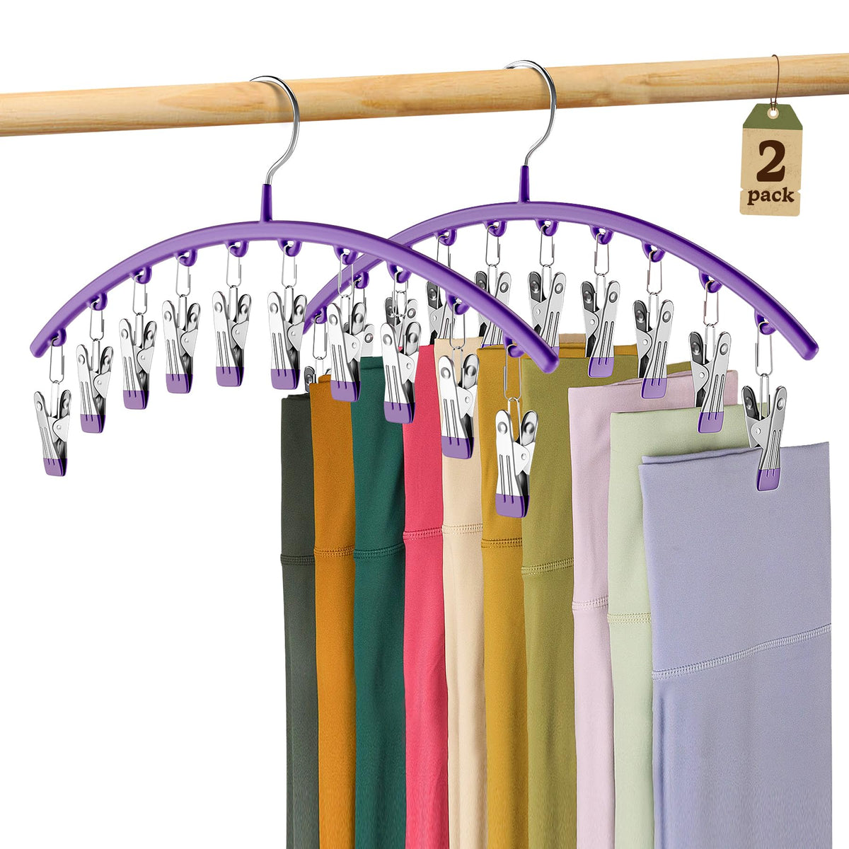 Volnamal Legging Organizer for Closet, Metal Yoga Pants Hanger w/Rubber Coated 2 Pack w/10 Clips Hold 20 Leggings, Hangers Space Saving Hanging Closet Organizer for Closet Organizers and Storage-Grey