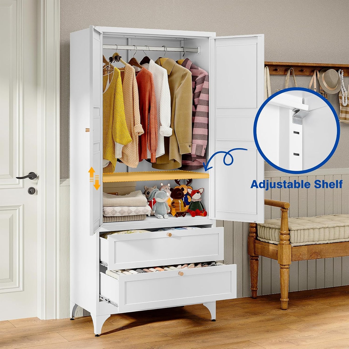 BYNSOE 71" Tall Metal Wardrobe Closet with 2 Drawers, Steel Armoire Cabinet with Hanging Rod and Adjustable Shelves, Freestanding Clothes Storage Organizer for Bedroom Office Furniture