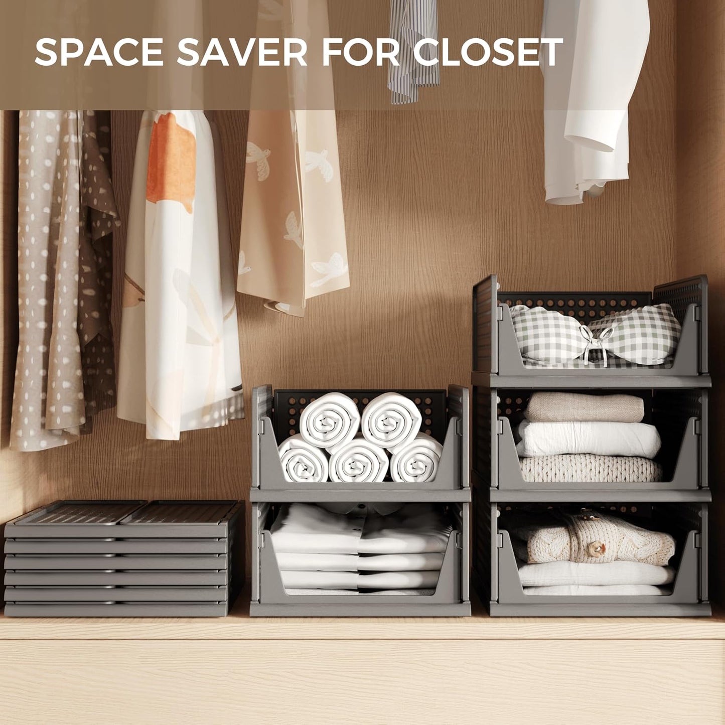 Pinkpum 6 Pack Closet Organizer Storage Bins Stackable Plastic Drawer Shelf