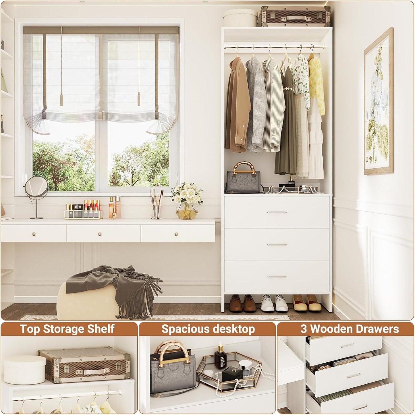 Aheaplus 1.8FT Closet System with Drawers, 21.5’’ Closet Organizer, White