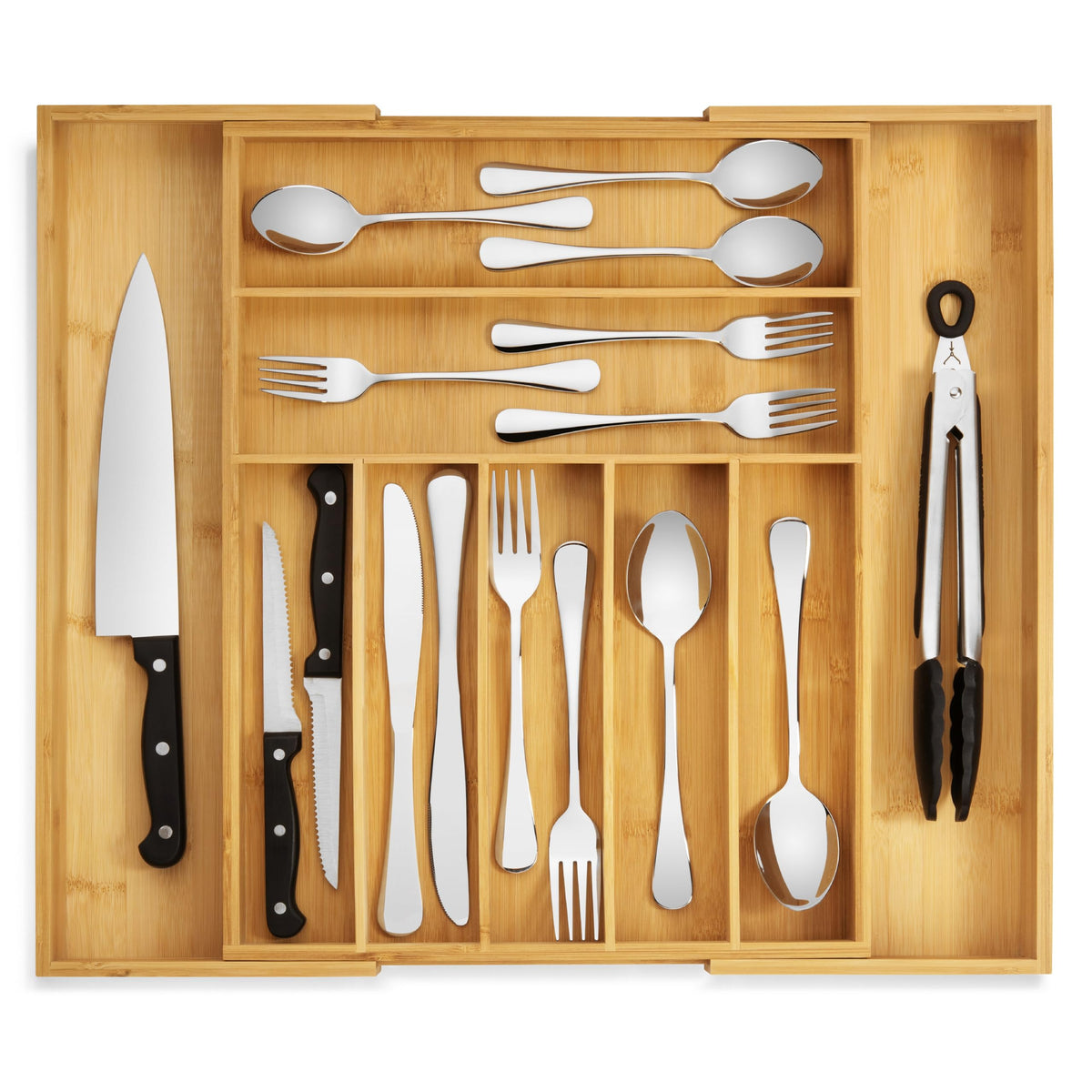 Purawood Kitchen Drawer Organizer - Expandable Utensil Drawer Organizer for Kitchen, Cutlery Tray & Silverware Organizer, 3-5 Slots - Bamboo Organizer for Utensils & Flatware (Natural)