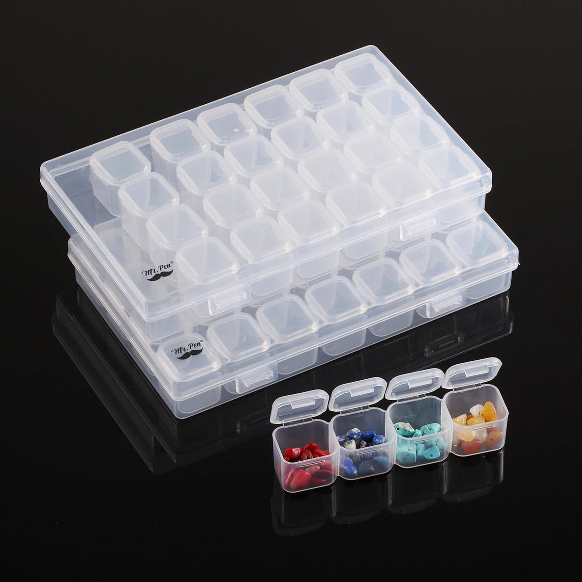 Mr. Pen- Bead Storage Containers, 28 Grids, 2 Pack, Clear White