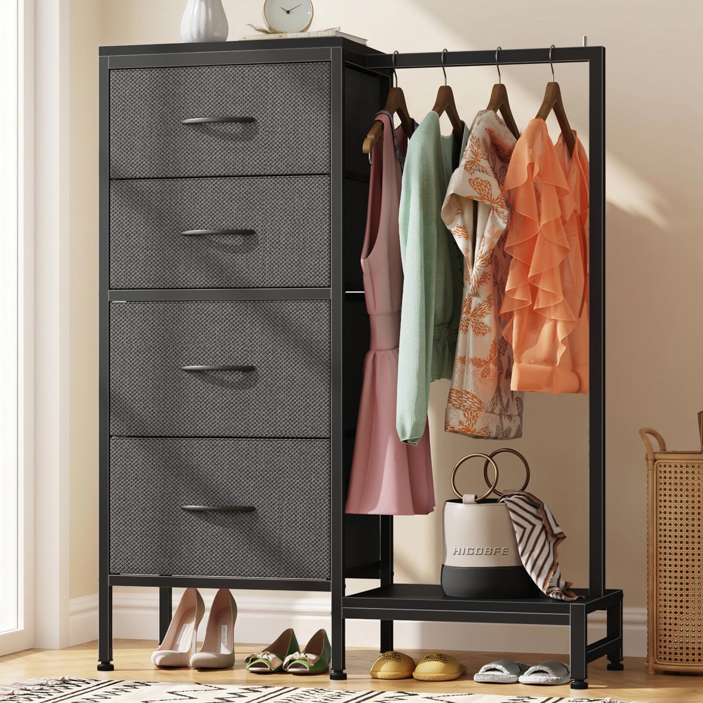 HIGDBFE Tall Dresser 44''H with Hanging Rack, 4 Drawers Small Closet Dresser for Bedroom, Reversible Fabric Chest of Drawers with Clothes Rack, Tall Storage Tower, Sturdy Frame, White