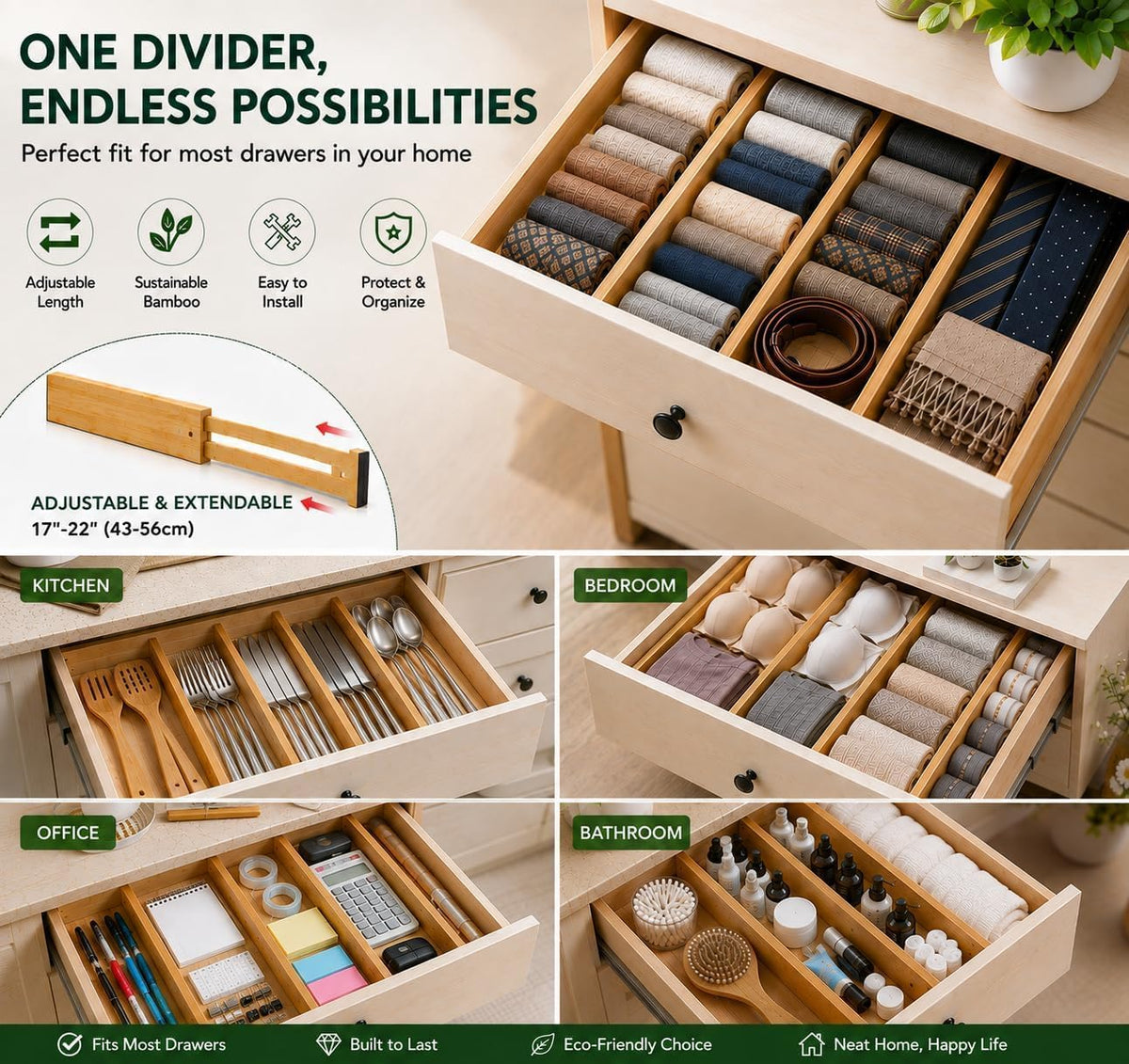 Lzerking Kitchen Drawer Dividers 4 Pack Adjustable Bamboo Drawer Organizer