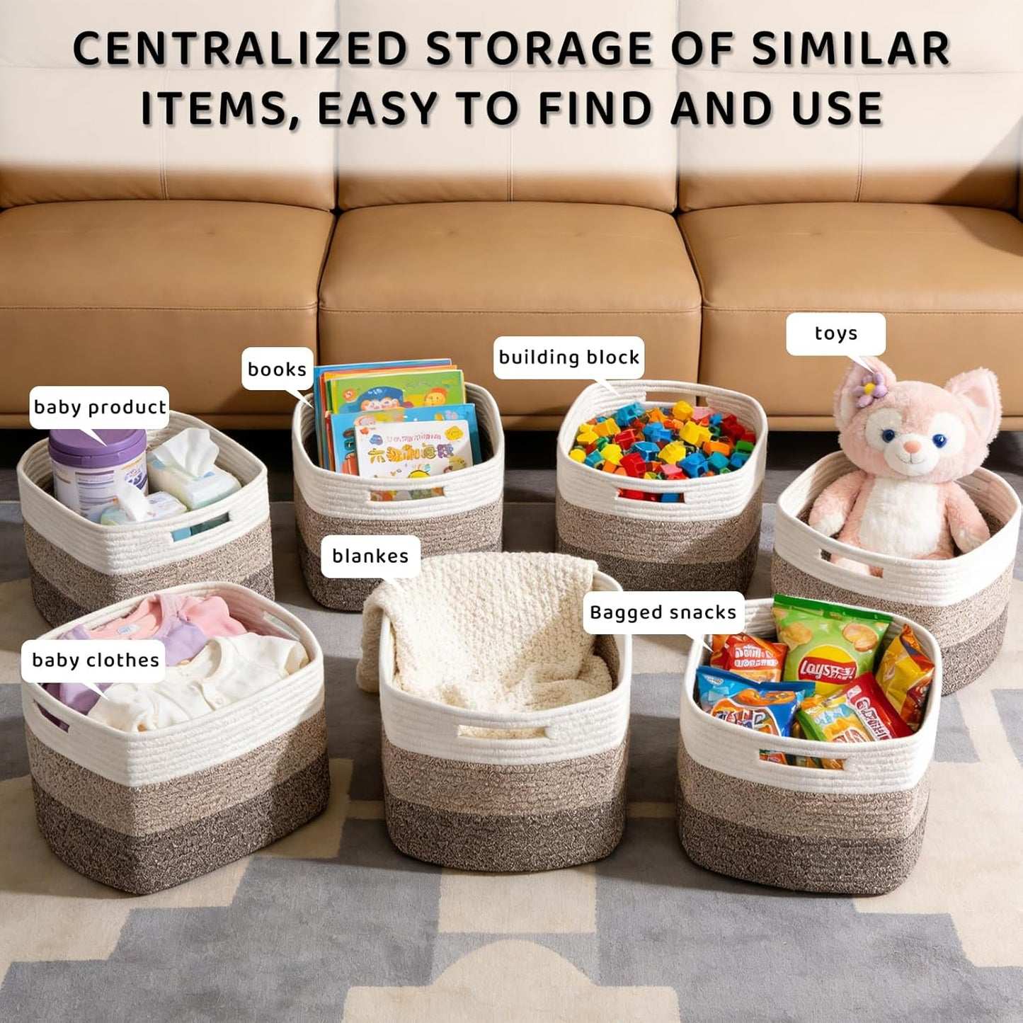 4 Pack Storage Baskets for Organizing, 12''Lx9''Wx8''H Woven Baskets for Storage Toys, Towels, Books, and Clothes, Cotton Rope Basket for Shelves with Handle