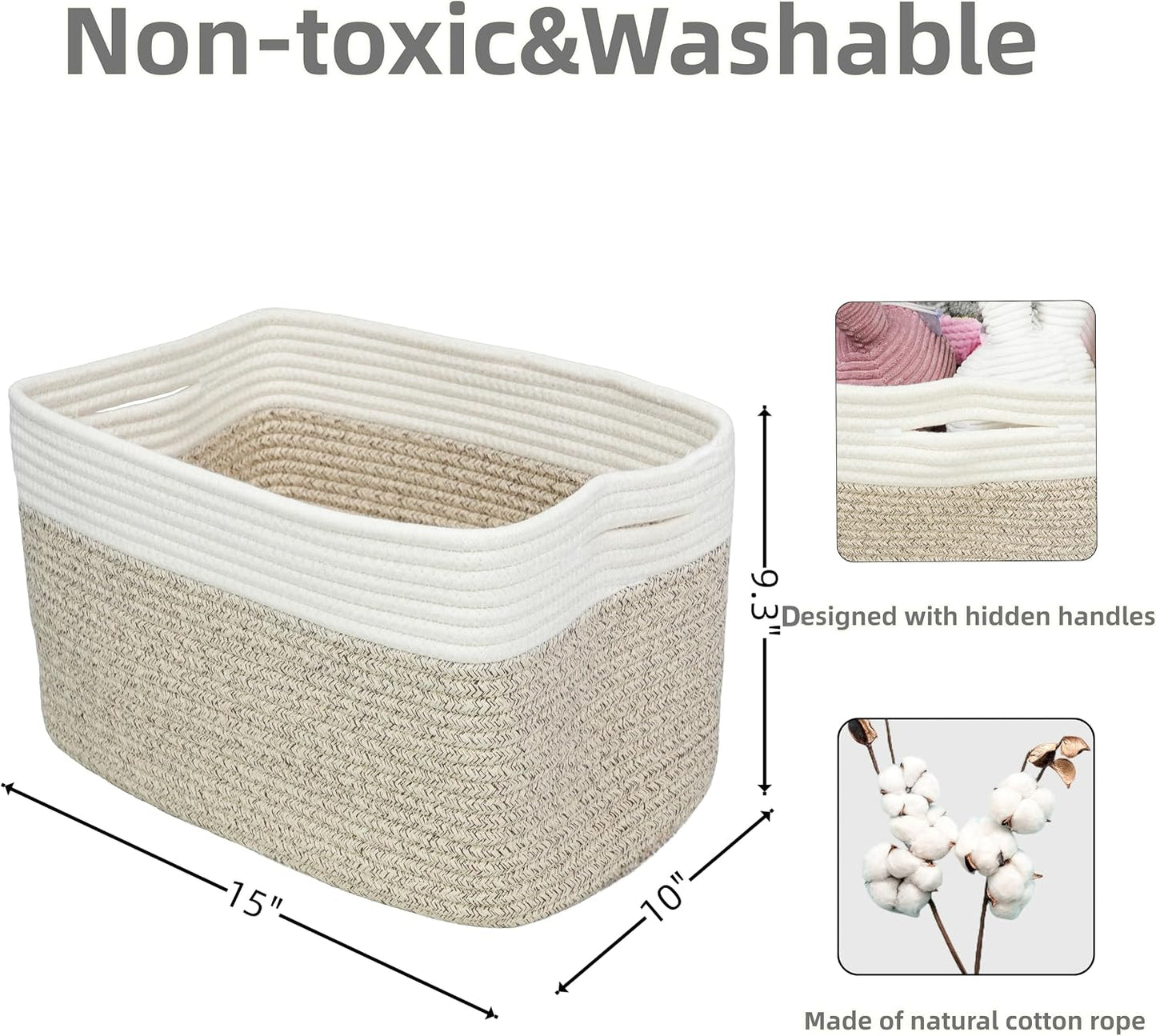 XUANGUO Woven Cotton Rope Storage Baskets 15x10x9.3" 3 Pack White and Brown