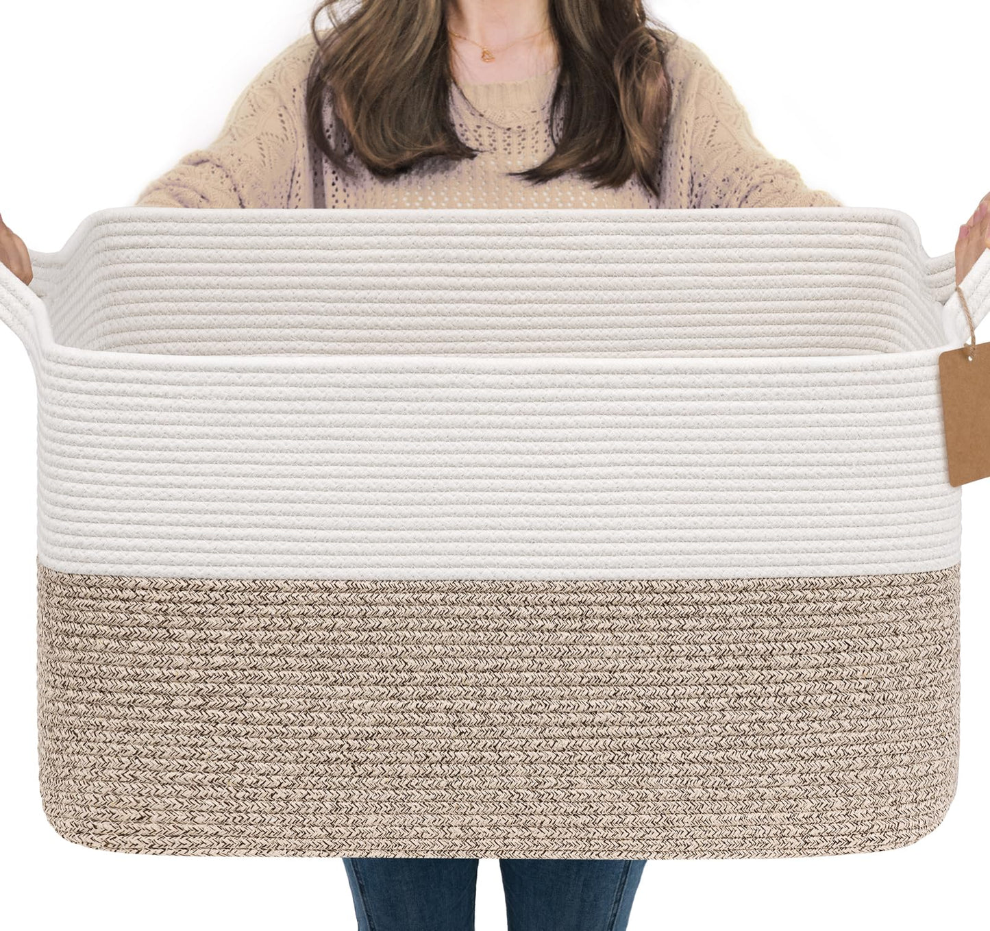 Goodpick Woven Rope Storage Basket for Shelves, Rectangle, Light Brown