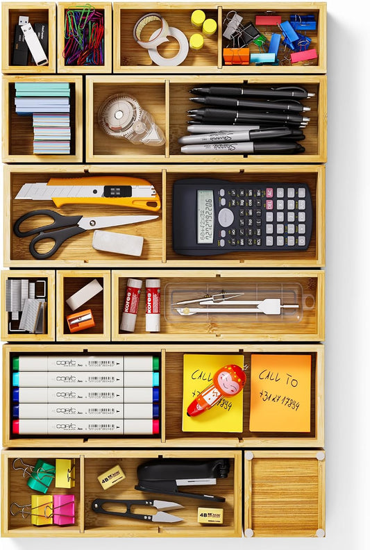 12-Piece Bamboo Drawer Organizer Set, 24 Compartments Modular Storage