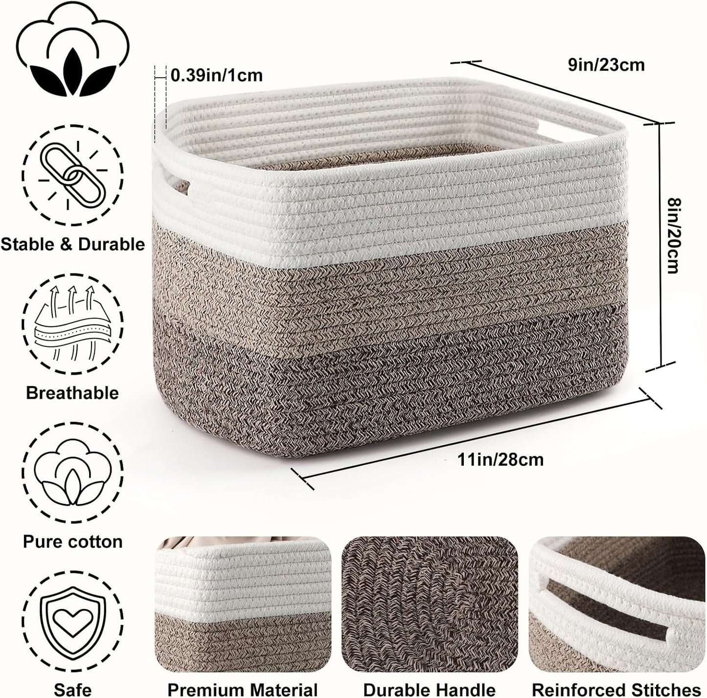4 Pack Storage Baskets for Organizing, 12''Lx9''Wx8''H Woven Baskets for Storage Toys, Towels, Books, and Clothes, Cotton Rope Basket for Shelves with Handle