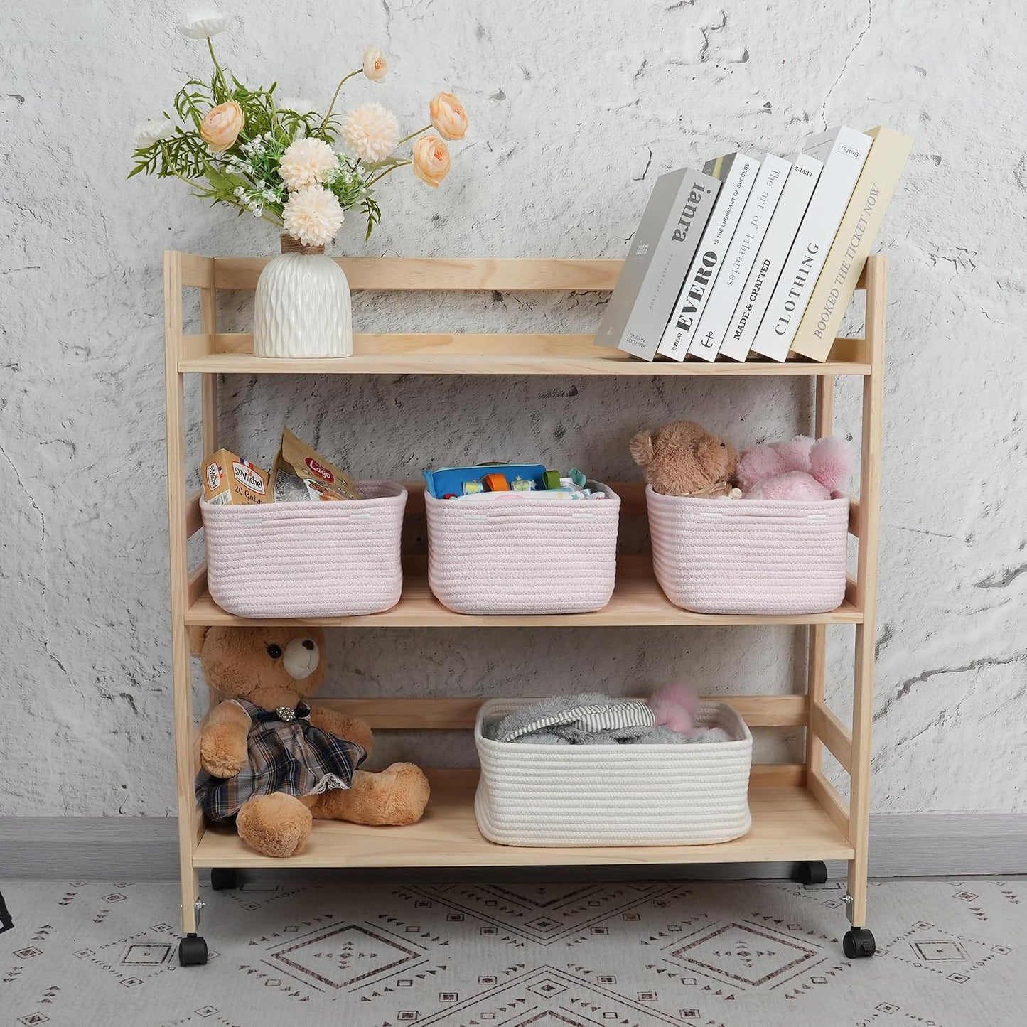 XUANGUO Small Woven Storage Baskets for Shelves, 12" x 8" x 5", Pink