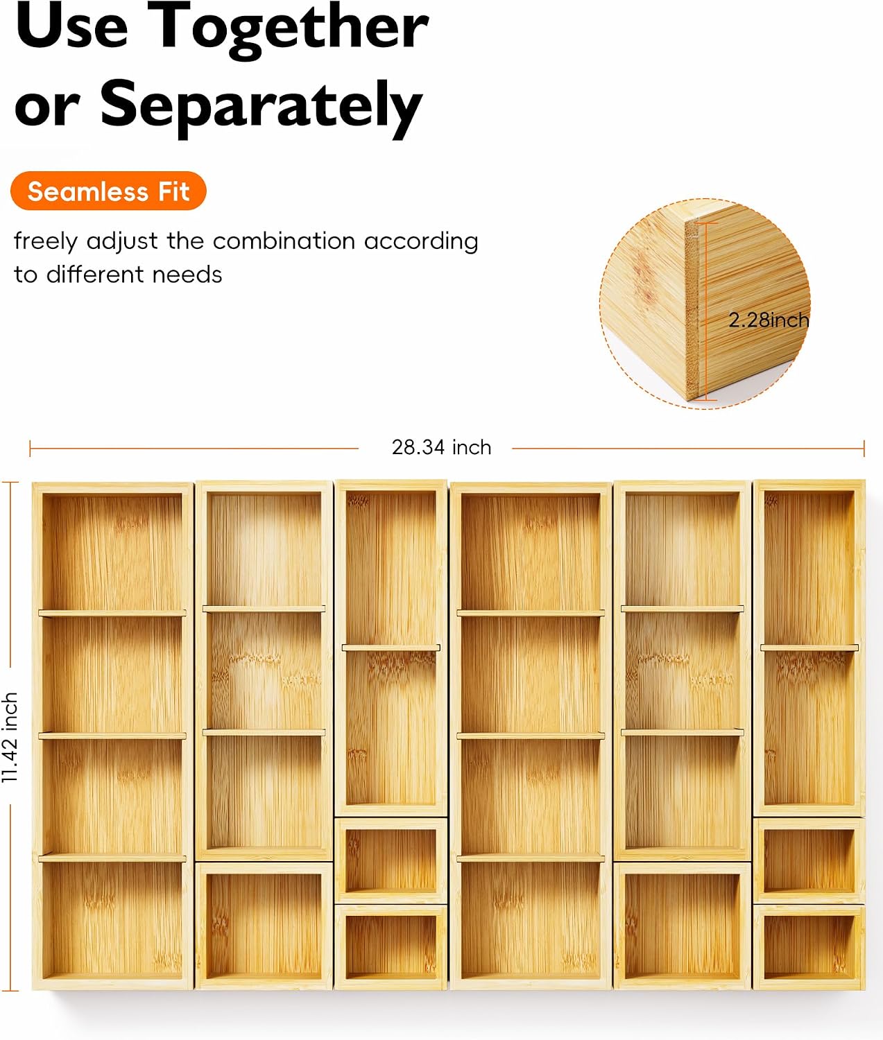 12-Piece Bamboo Drawer Organizer Set, 24 Compartments Modular Storage